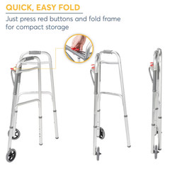Drive 102101 Deluxe Two Button Folding Walker with 5 inch Wheels – Silver
