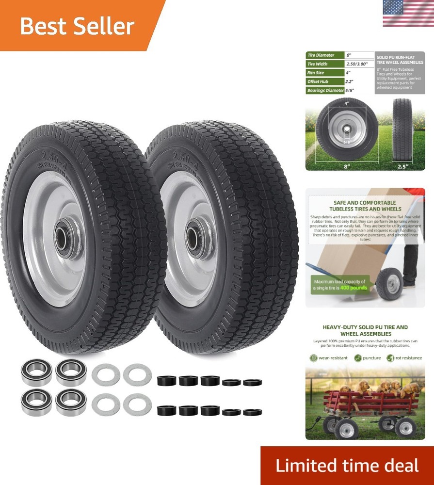2-Pack 8-Inch Solid Wheel Replacement – Flat Free Tire with Alloy Steel Rim