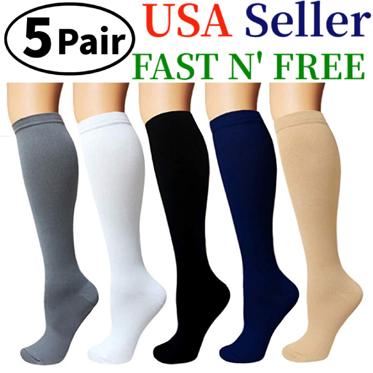 (5 Pairs) Compression 15-20mmHg Graduated Support Socks Calf Mens Womens S-XXL
