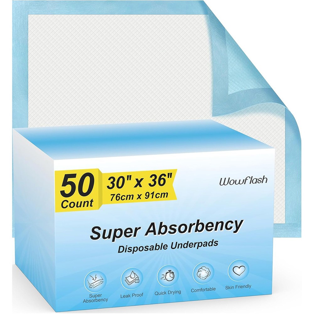 30” x 36” Super Absorbency Disposable Underpads for Kids, Pets, Adults, 50 Count