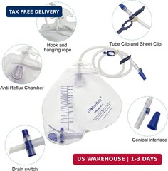 Urinary Drainage Bag with Anti-Reflux Chamber, Urine Bag with 2000 mL Volume, 48