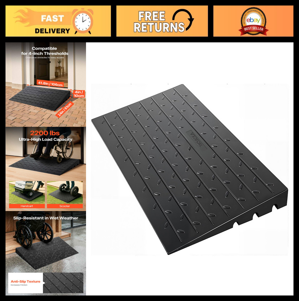 4″ Rise Rubber Threshold Ramp – 3 Channel Cord Cover, Non-Slip, 2200 Lbs Capacit