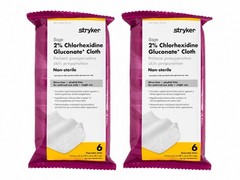 2 Packs Stryker Sage 2% Chlorhexidine Gluconate (CHG) Cloths, 6 Wipes Per Pack.