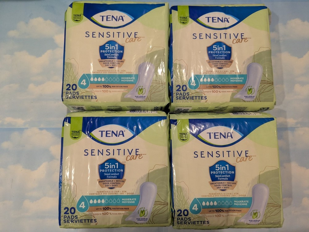 LOT (4) TENA SENSITIVE CARE 5IN1 INCONTINENCE PADS MODERATE ABSORBENCY 20 CNT EA