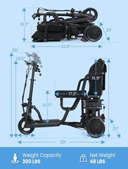3Wheel Ultralight Foldable Storage Electric Mobility Scooter 300W Range 15 Miles
