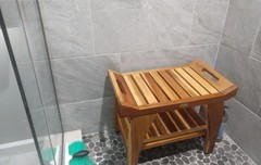 Solid Teak Shower Bench w/Shelf Arms Scandinavian Vibe Bath Spa Safety Seat 24″