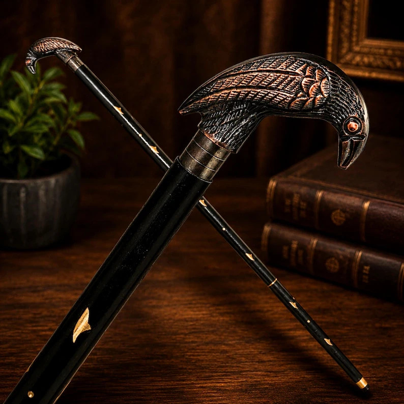Raven Handle Walking Cane, Gothic Mobility Stick, Decorative Support Staff, Vint