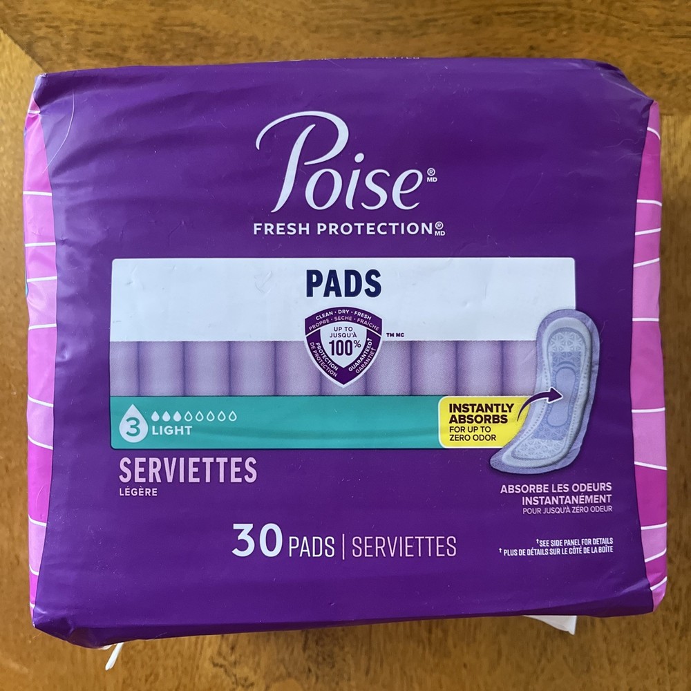 Poise Pads Regular Length 3 Light Absorbency 3 in 1 Bladder Protection 30 ct