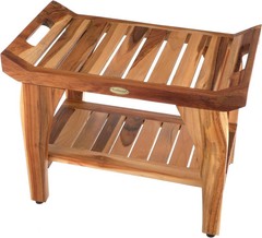 Solid Teak Shower Bench w/Shelf Arms Scandinavian Vibe Bath Spa Safety Seat 24″