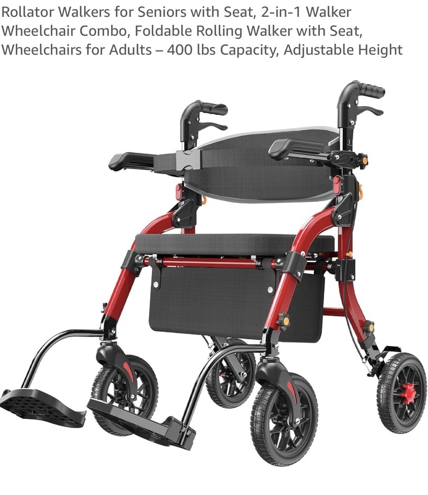 SUCCU 2-in-1 Rollator Walker Transport Chair, Foldable Seat, 400 lb, Red/Black