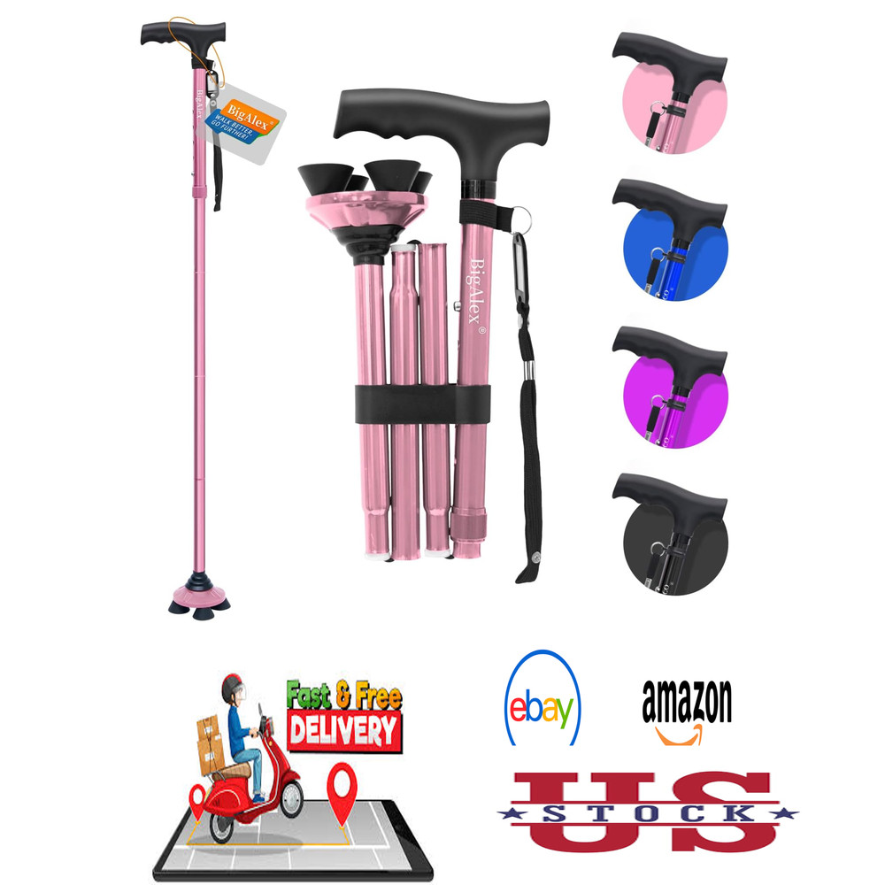 Folding Walking Cane for Elderly Adjustable Portable with Quad Base and Carrying