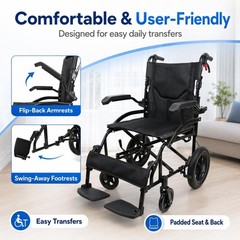 Lightweight Folding Transport Wheelchair w/6″ Front 12″ PU Mag Wheel & Handbrake
