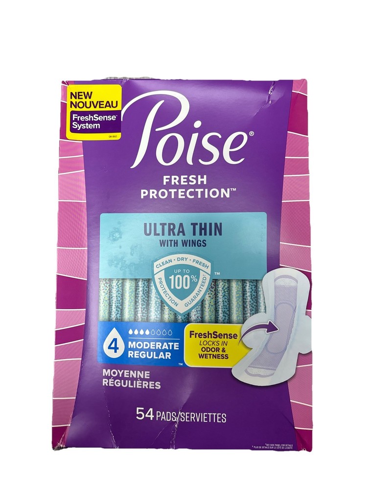54 Count Poise Ultra Thin Incontinence & Postpartum Pads with Wings for Bladder