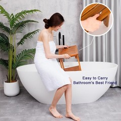 14″ Compact Teak Shower Stool with Shelf & Handle-Waterproof,Non-Slip Bath Bench
