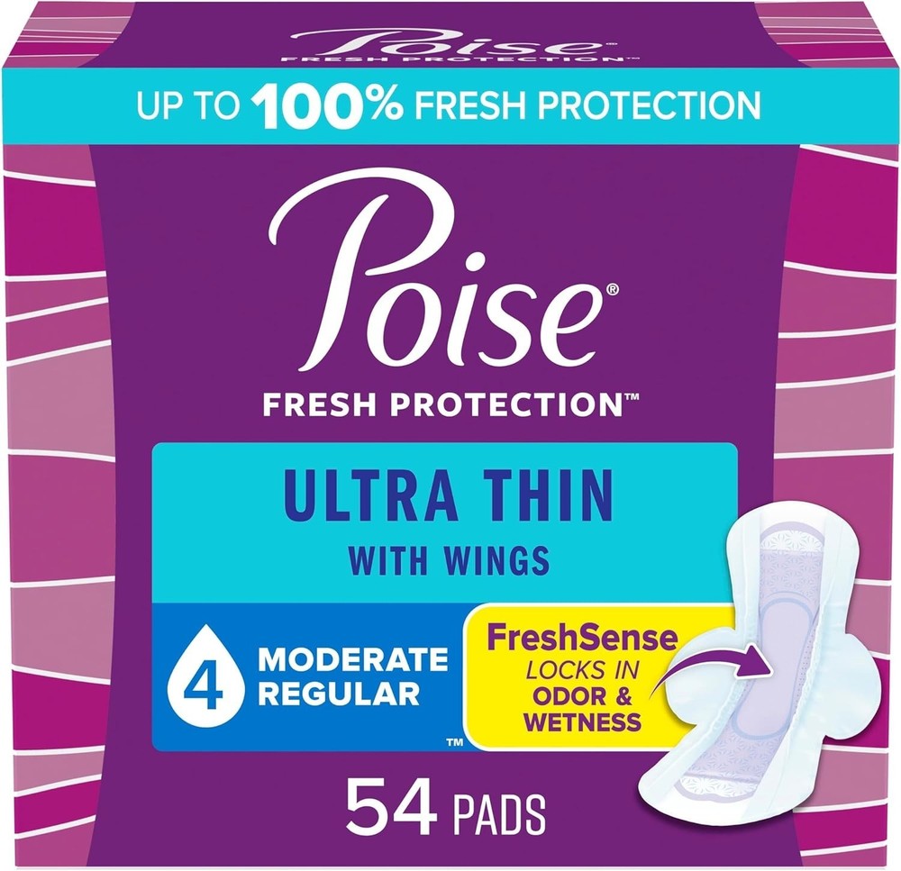 54 Count Poise Ultra Thin Incontinence & Postpartum Pads with Wings for Bladder