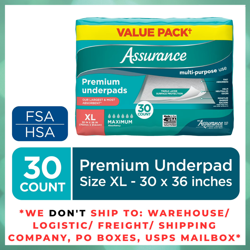 Assurance Unisex Premium Underpad for Adults, XL , Maximum Absorbency (30 Count)
