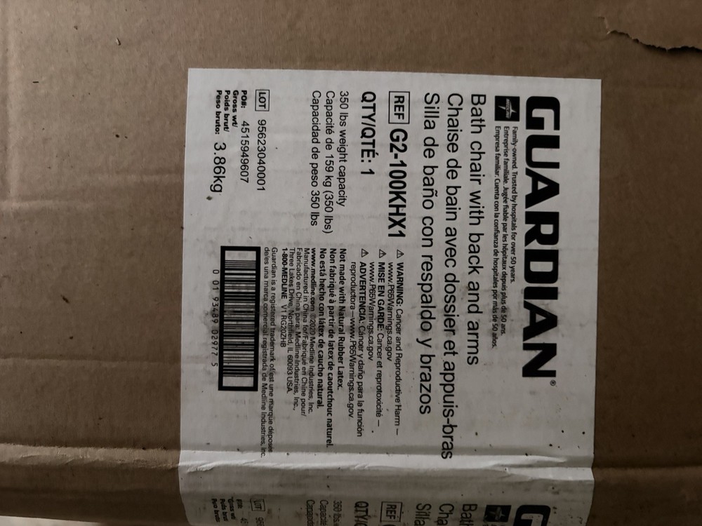 Guardian Shower/Bath Chair w/ Backrest & Arms 350 lb Capacity White G2-100KHX1