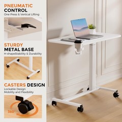 Adjustable Overbed Bedside Table with Lockable Wheels, Pneumatic Mobile Stand…