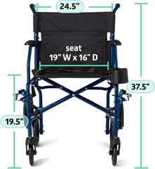 Medline Ultra Lightweight Transport Wheelchair for Adults, 19in Seat – Blue