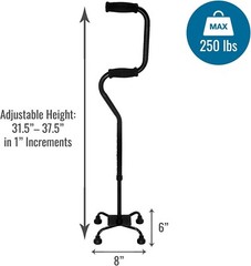 Quad Base Walking Cane for Enhanced Support – Adjustable Height 31.5-37.5in