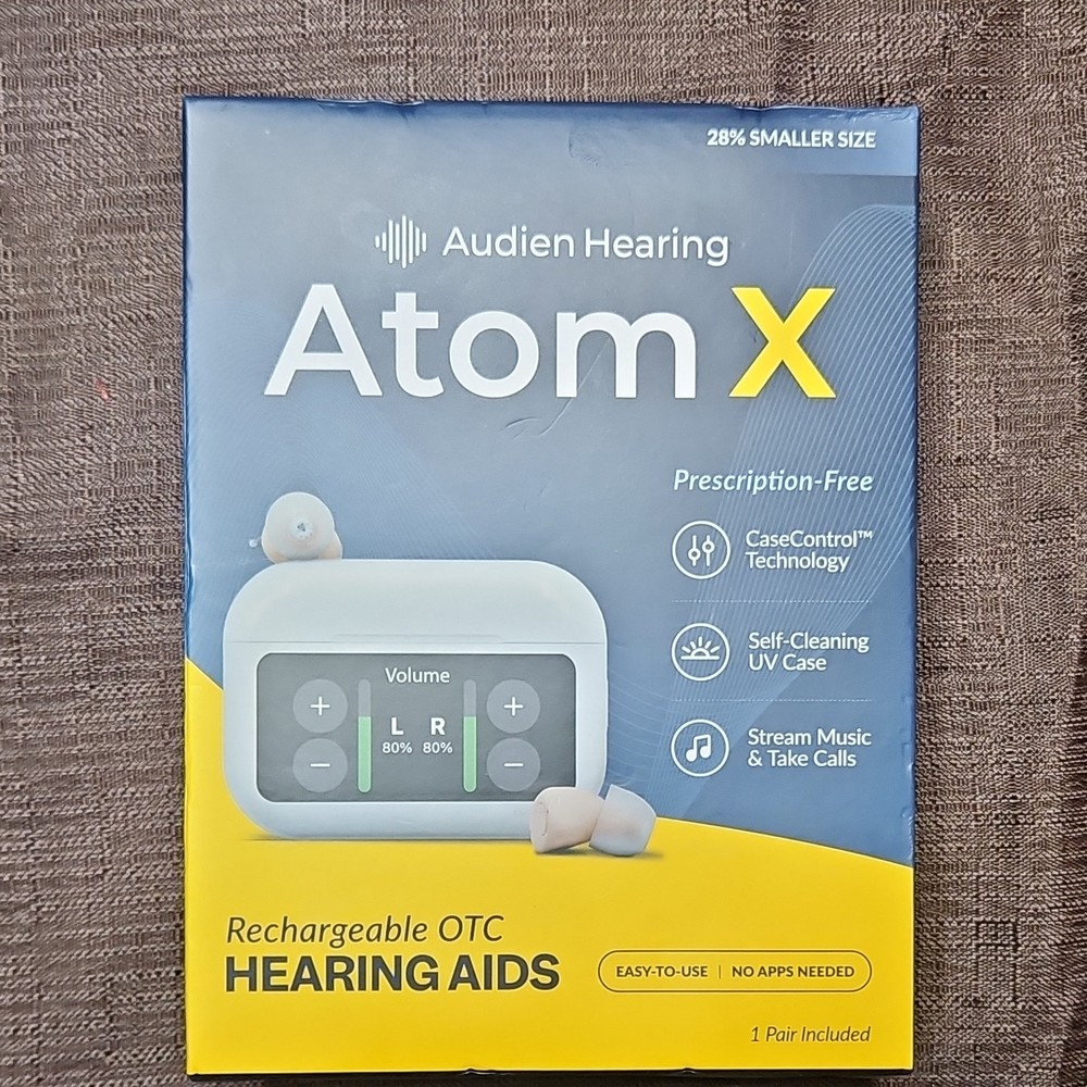 Audien Hearing Atom X Rechargeable OTC Hearing Aids Stream Music UV Case