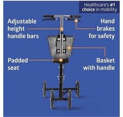 Medline Steerable Knee Walker Scooter w/ Basket Adjustable 300 lb Black