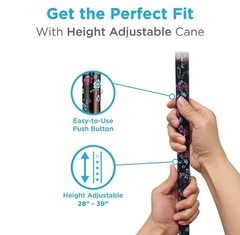 NOVA Designer Walking Cane Adjustable Lightweight Offset Handle Black Flowers