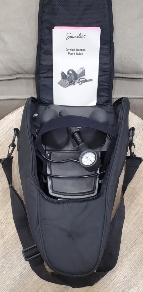 Saunder Cervical Traction Device w/ Pump Instructions & Deluxe Carrying Bag ExC