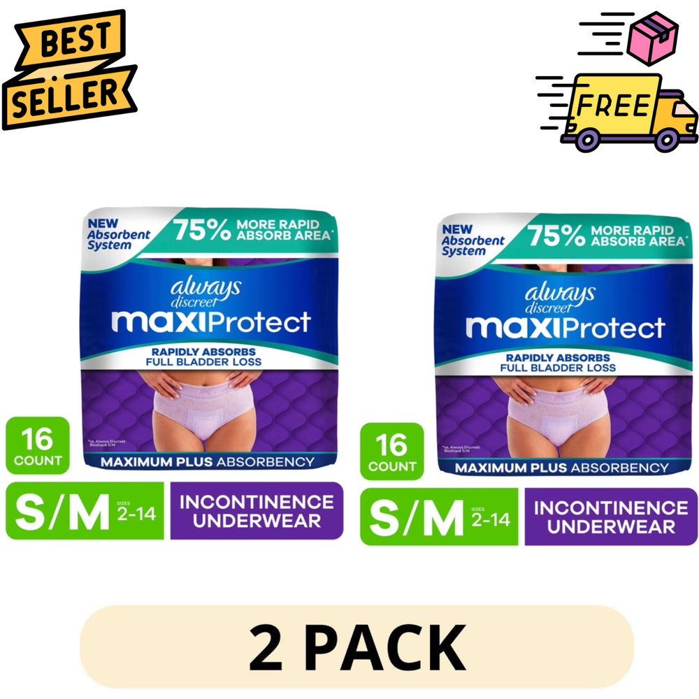 2Pack Always Discreet MaxiProtect Adult Diapers for Women S/M 16 Count