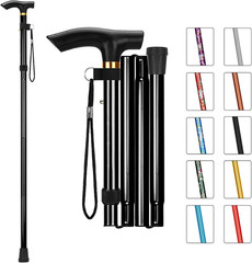 Folding Cane – Adjustable Height Walking Stick with T Handle & Wrist Strap
