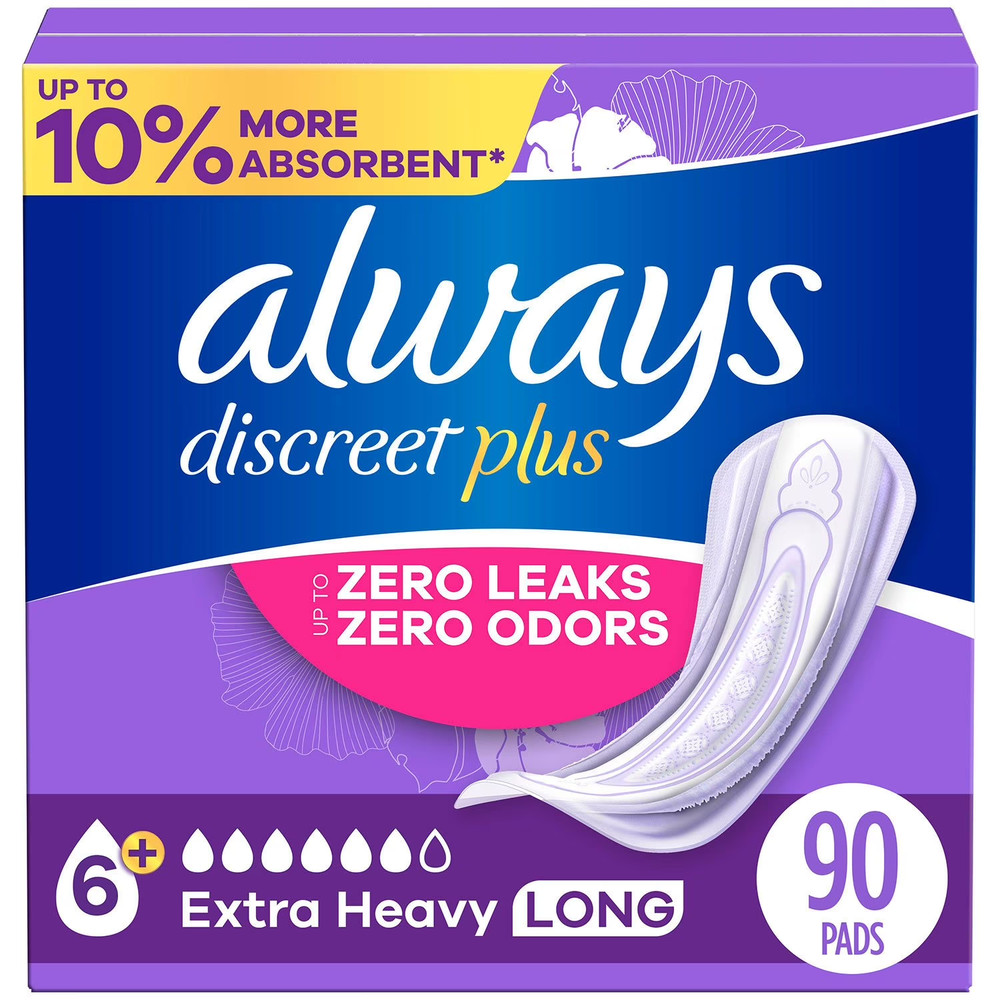 Always Discreet Plus Incontinence Pads, Extra Heavy Absorbency, Long (90 Count)