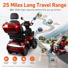 Heavy Duty 4-Wheel Mobility Scooter 25-37 Miles Range 4-Speed, 700lbs Load, Red
