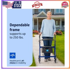 Medline Lightweight Aluminum Rollator Folding Walker 6 Inch Wheels 250lb Blue