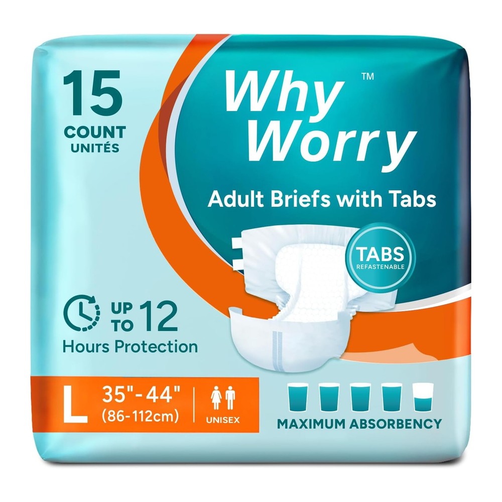 WhyWorry Adult Diapers with Tabs, Maximum Absorbency, Unisex, Large, 15 Count