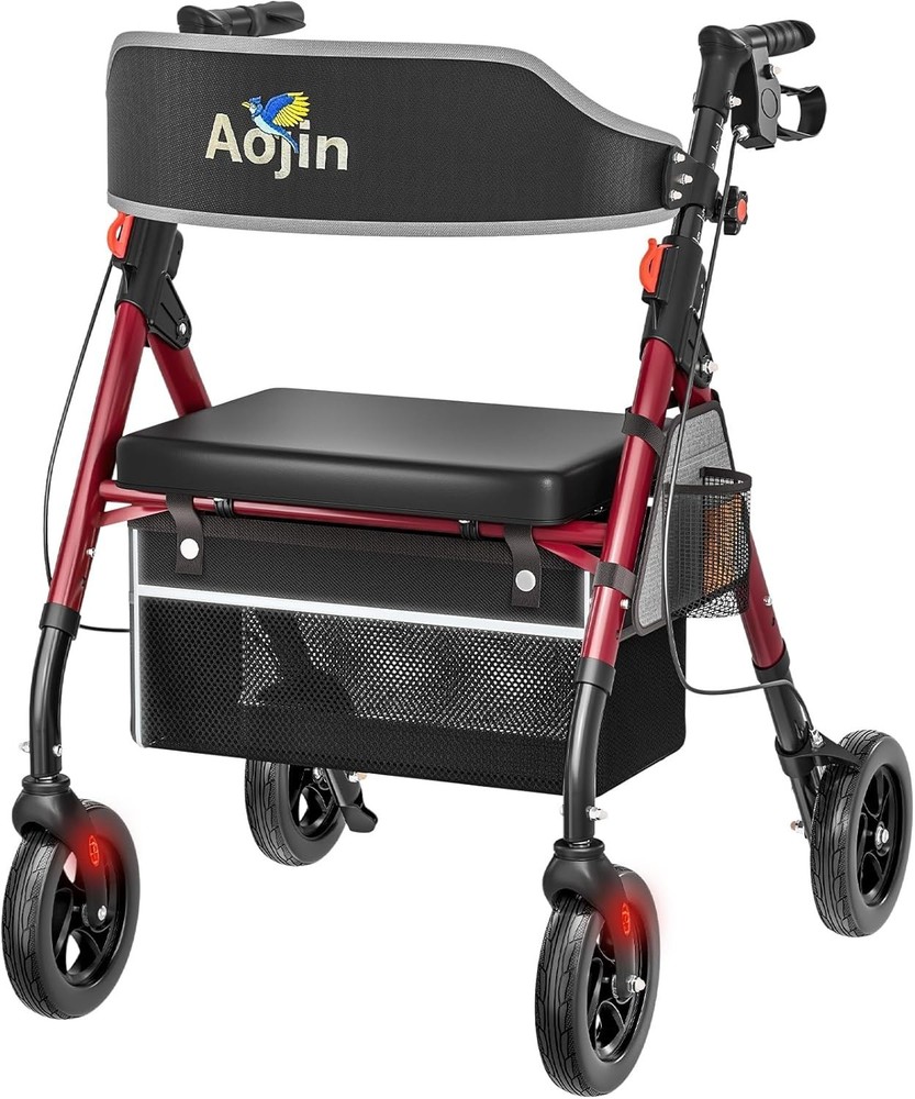 Aojin (Red) Lightweight Foldable Rollator Walkers with Seat for Seniors, 350 lbs