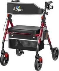 Aojin (Red) Lightweight Foldable Rollator Walkers with Seat for Seniors, 350 lbs