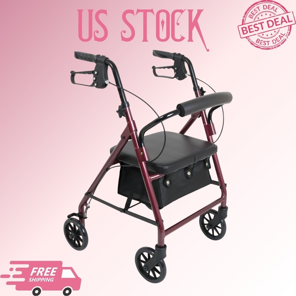 Junior Aluminum Rollator Walker 6in Wheels 250LB Capacity Burgundy Medical Aid