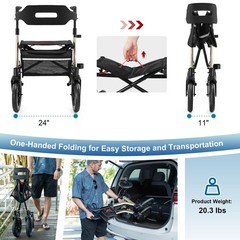 All-Terrain Rollator Walker with Seat, 12″ Rubber Wheels, Backrest, Cup Holder,
