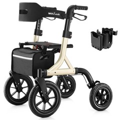 All-Terrain Rollator Walker with Seat, 12″ Rubber Wheels, Backrest, Cup Holder,