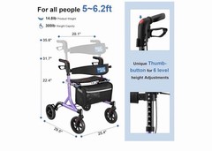 Walk Mate Rollator Walker w/ Padded Seat Backrest All Terrain Compact Purple