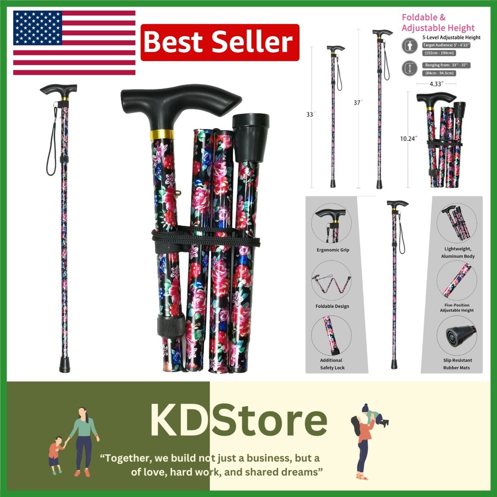 Adjustable Folding Aluminum Cane with Wrist Strap & Slip-Resistant Tip