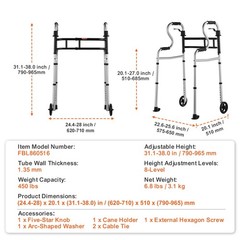 Folding Walker Stand Assist Adjustable Height Width Lightweight Walker 2 Wheels