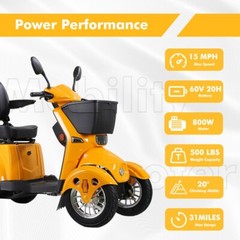 Heavy Duty 4-Wheel Mobility Scooters 31 Miles 3-Speed 800W 500lbs Capacity