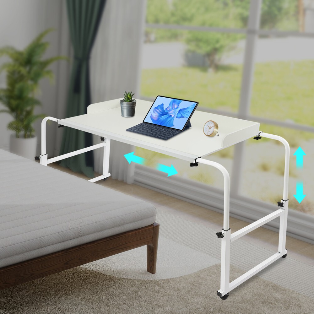 Height Adjustable Overbed Table, Overbed Table with Wheels, Over Bed Desk White