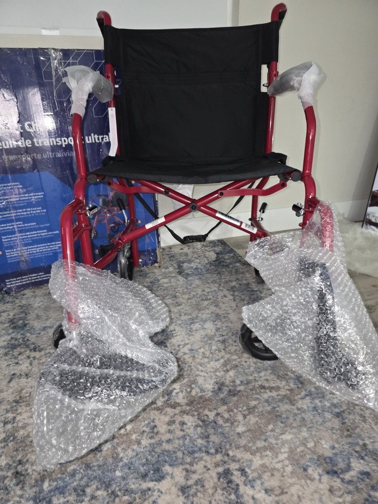 Medline Ultralight Transport Wheelchair Foldable Handbrakes 4-Wheel Red/Black