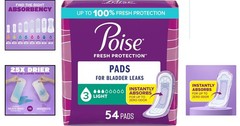 Poise 3 Drop Incontinence Pads – 54 Count, Comfortable Fit for Bladder Leaks