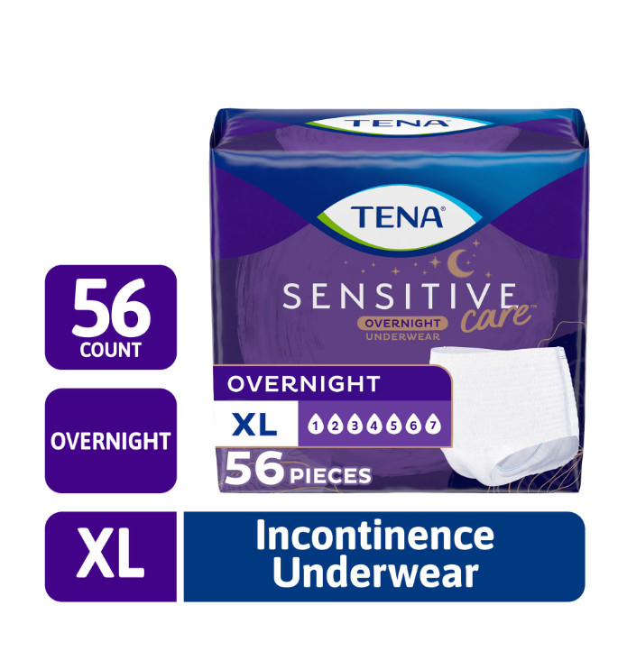TENA Sensitive Care Overnight Underwear, XL, 56 Count (Waist Size 39in-52in)