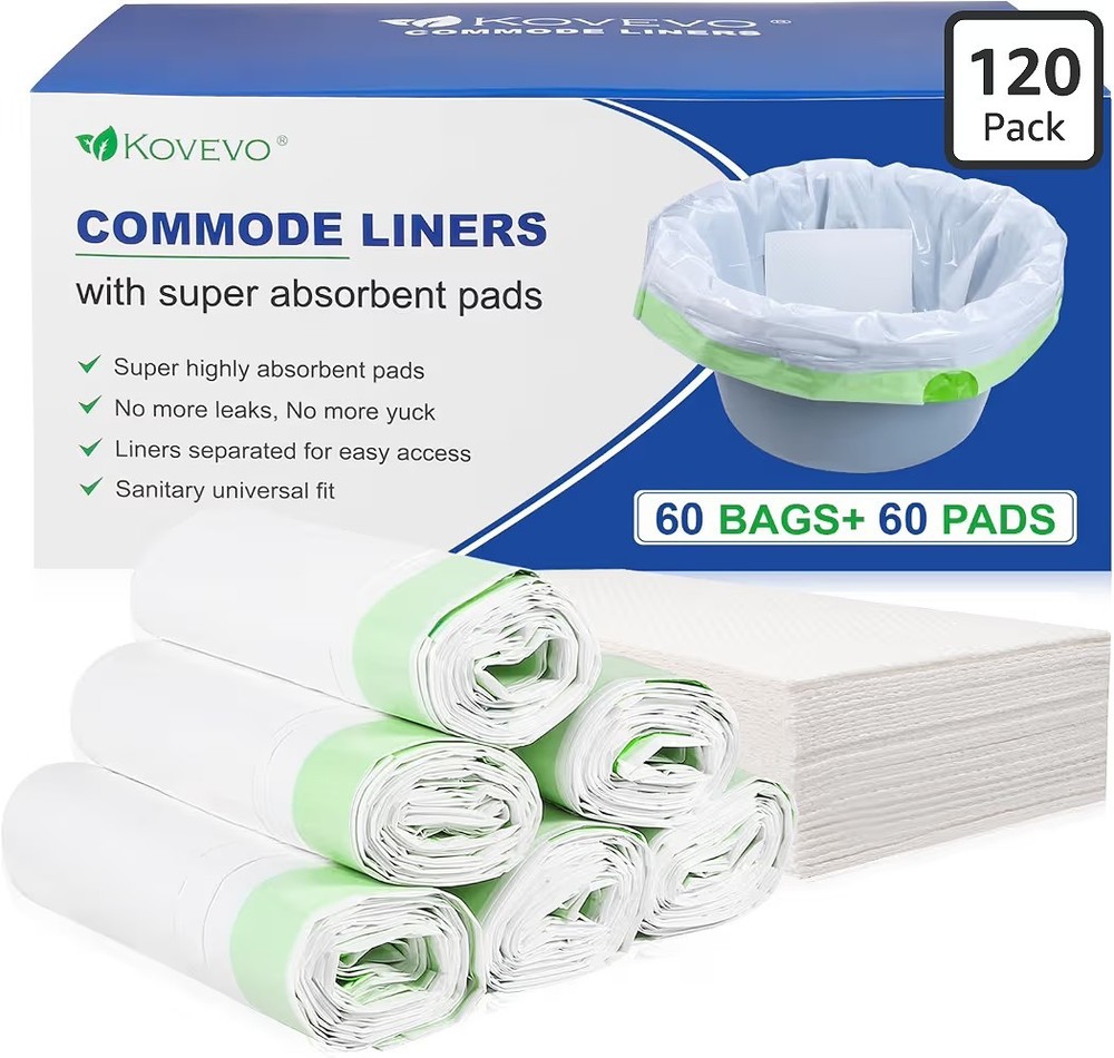 Kovevo 60 Pack Commode Liners with Absorbent Pads, 120 Piece Set, Green-120